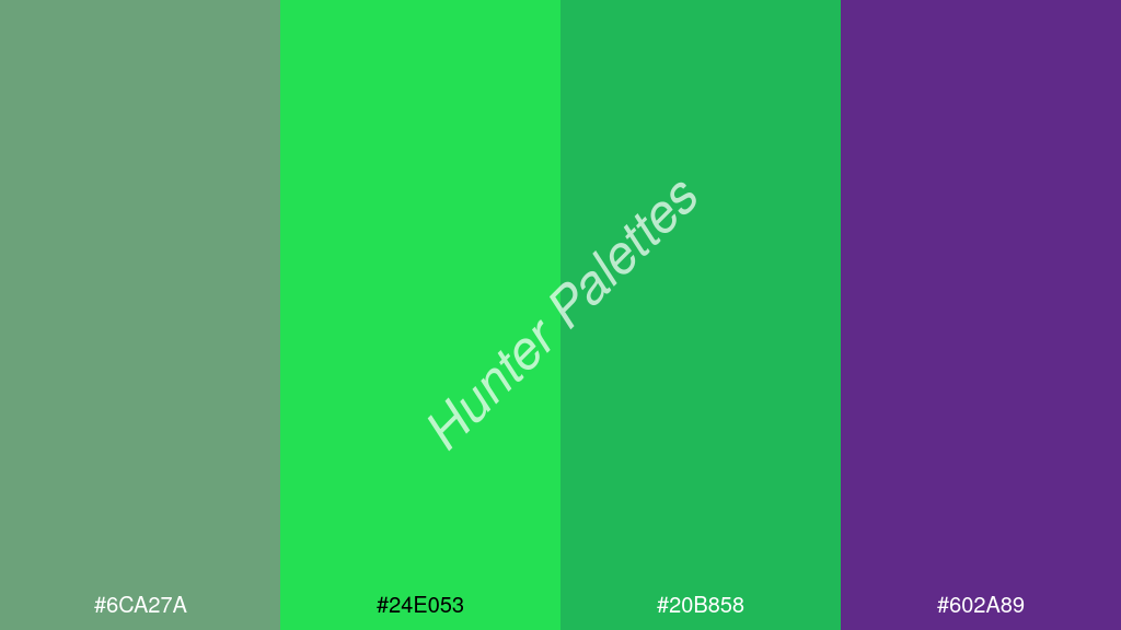 fluoreszkáló zöld szín palettája a következőkkel: #6ca27a #24e053 #20b858 #602a89