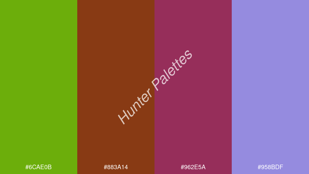 karmazsin szín palettája a következőkkel: #6cae0b #883a14 #962e5a #958bdf