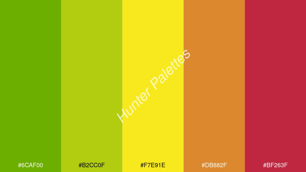 kanárisárga szín palettája a következőkkel: #6caf00 #b2cc0f #f7e91e #db882f #bf263f