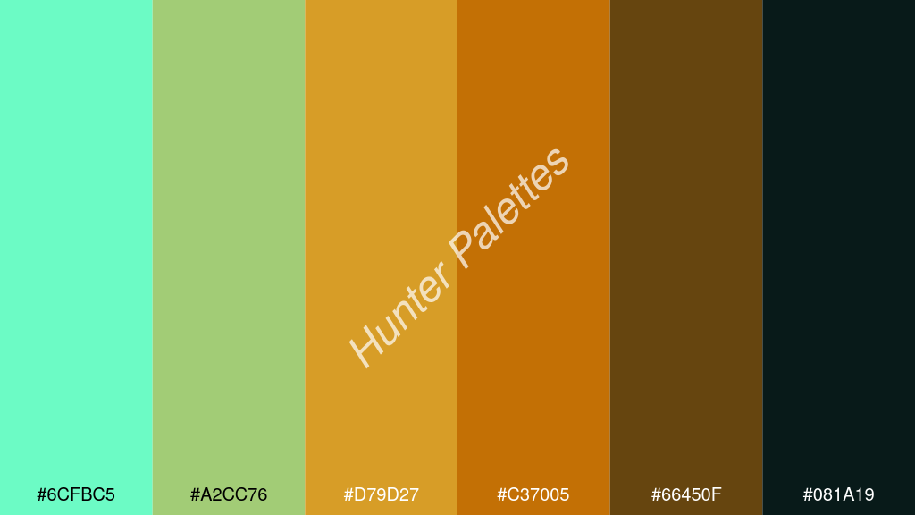 mandarin szín palettája a következőkkel: #6cfbc5 #a2cc76 #d79d27 #c37005 #66450f #081a19