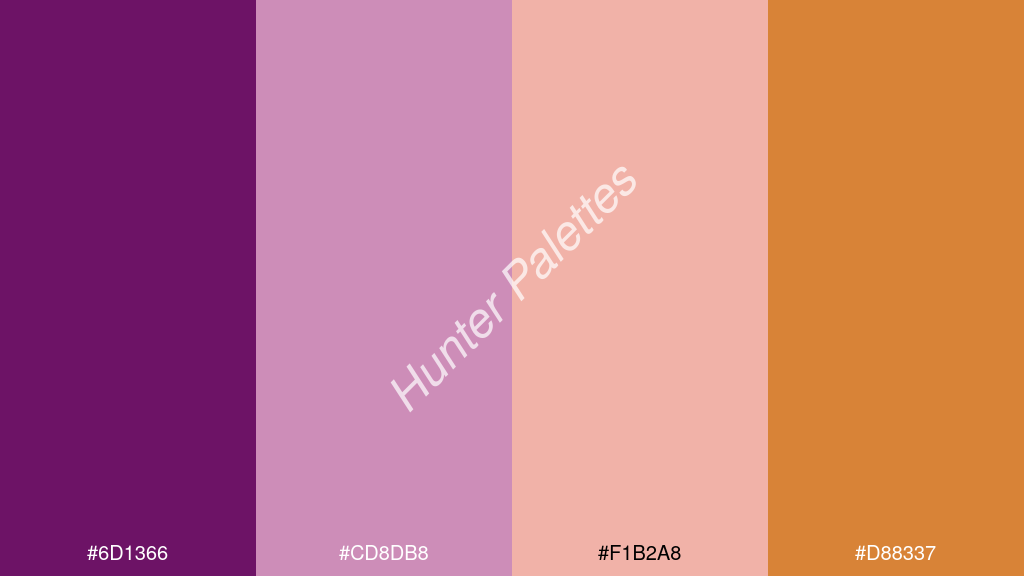 pasztell rózsaszín szín palettája a következőkkel: #6d1366 #cd8db8 #f1b2a8 #d88337