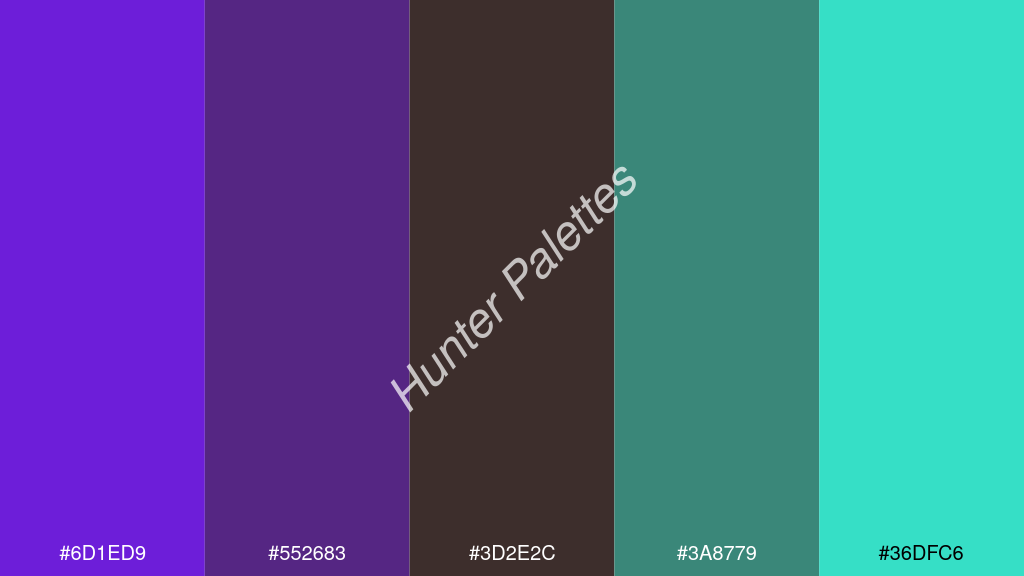 wenge szín palettája a következőkkel: #6d1ed9 #552683 #3d2e2c #3a8779 #36dfc6