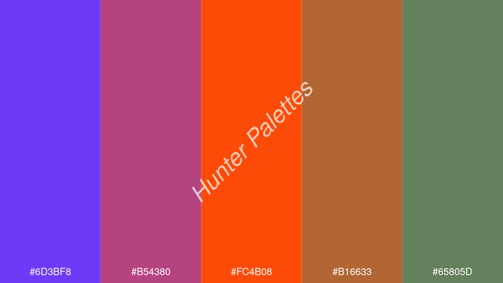 fluoreszkáló narancs szín palettája a következőkkel: #6d3bf8 #b54380 #fc4b08 #b16633 #65805d