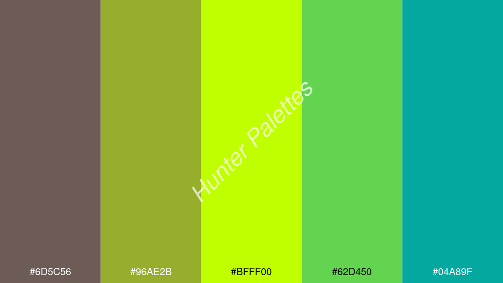 limezöld szín palettája a következőkkel: #6d5c56 #96ae2b #bfff00 #62d450 #04a89f