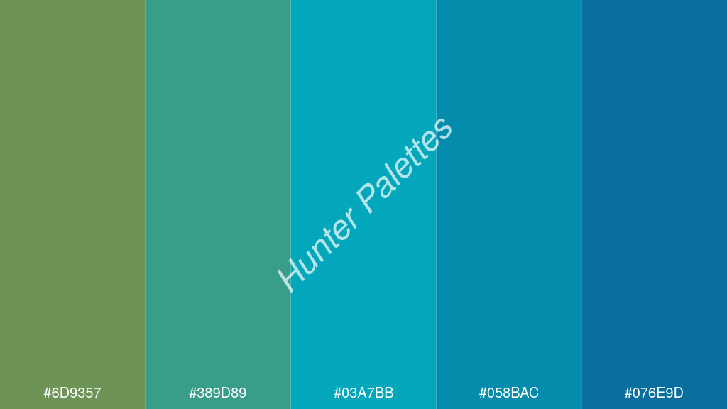 akvamarin kék szín palettája a következőkkel: #6d9357 #389d89 #03a7bb #058bac #076e9d