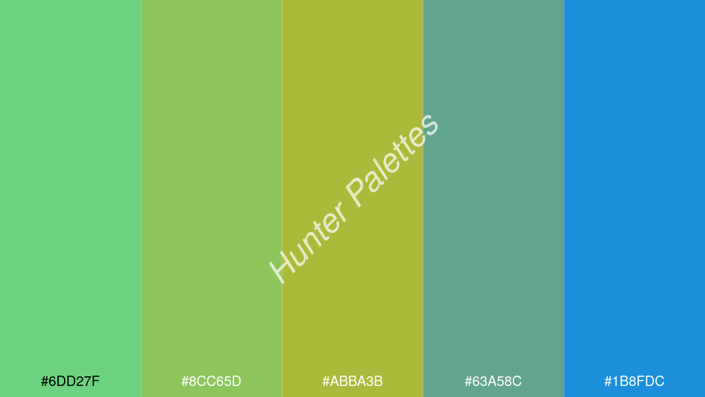 kivi szín palettája a következőkkel: #6dd27f #8cc65d #abba3b #63a58c #1b8fdc