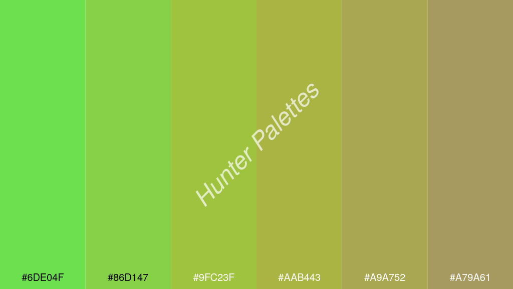 kivi szín palettája a következőkkel: #6de04f #86d147 #9fc23f #aab443 #a9a752 #a79a61