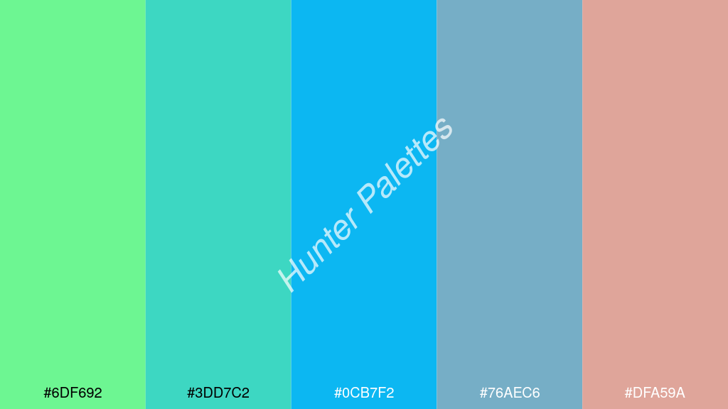 égszínkék szín palettája a következőkkel: #6df692 #3dd7c2 #0cb7f2 #76aec6 #dfa59a