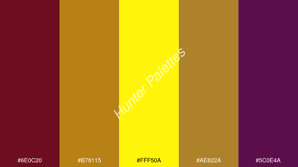 neon sárga szín palettája a következőkkel: #6e0c20 #b78115 #fff50a #ae822a #5c0e4a