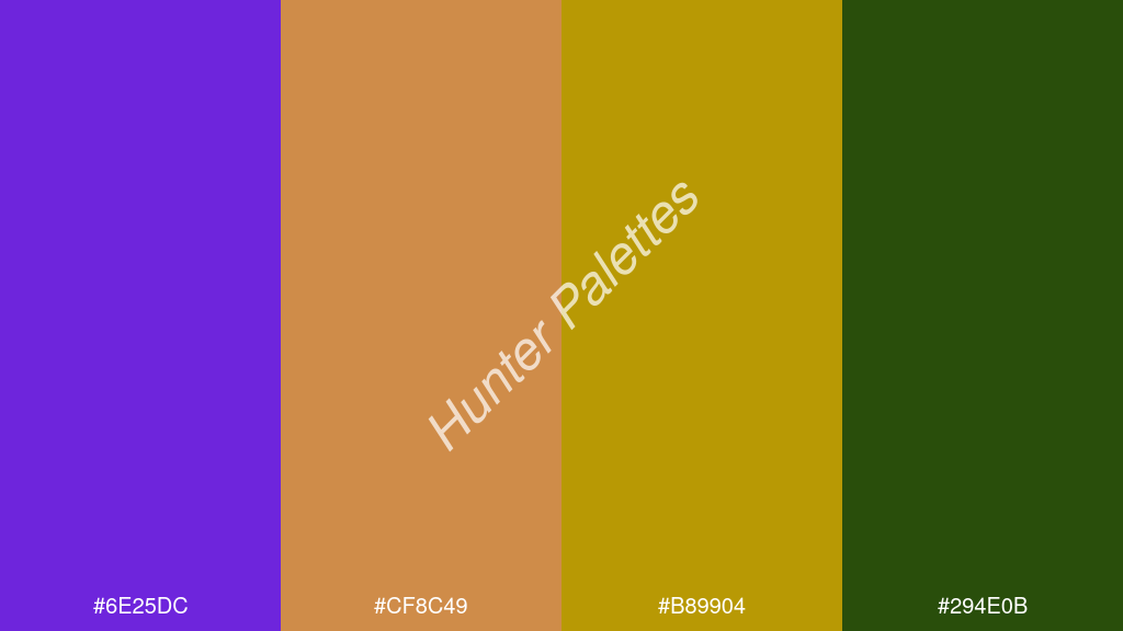 borostyán szín palettája a következőkkel: #6e25dc #cf8c49 #b89904 #294e0b