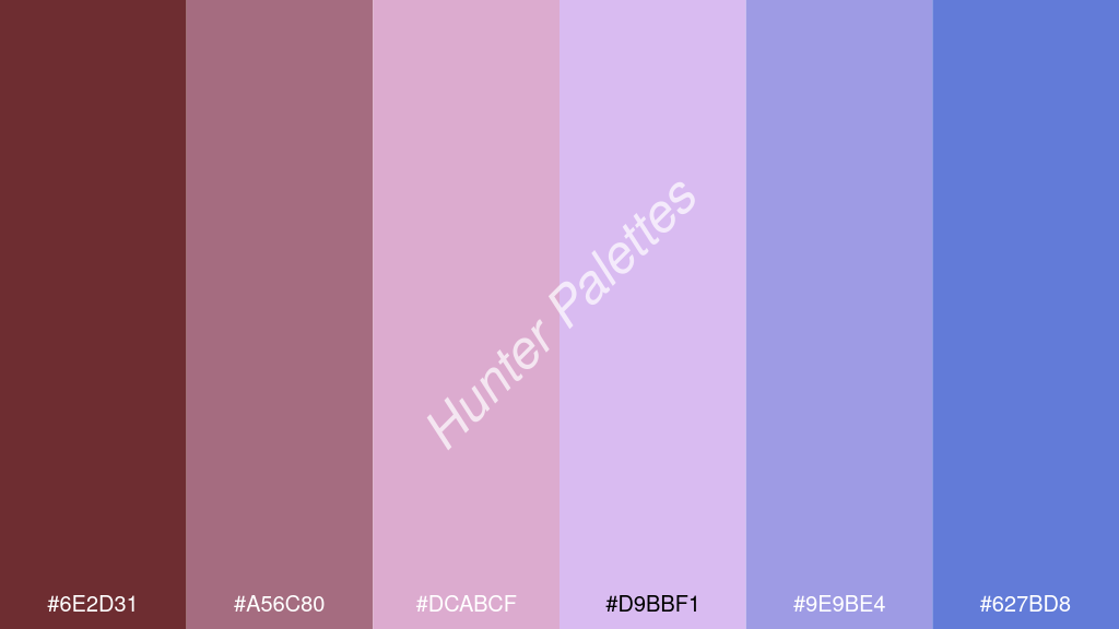 világos rózsaszín szín palettája a következőkkel: #6e2d31 #a56c80 #dcabcf #d9bbf1 #9e9be4 #627bd8