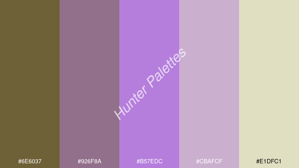 levendula szín palettája a következőkkel: #6e6037 #926f8a #b57edc #cbafcf #e1dfc1