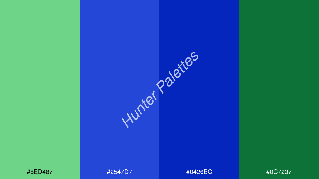 kék szín palettája a következőkkel: #6ed487 #2547d7 #0426bc #0c7237