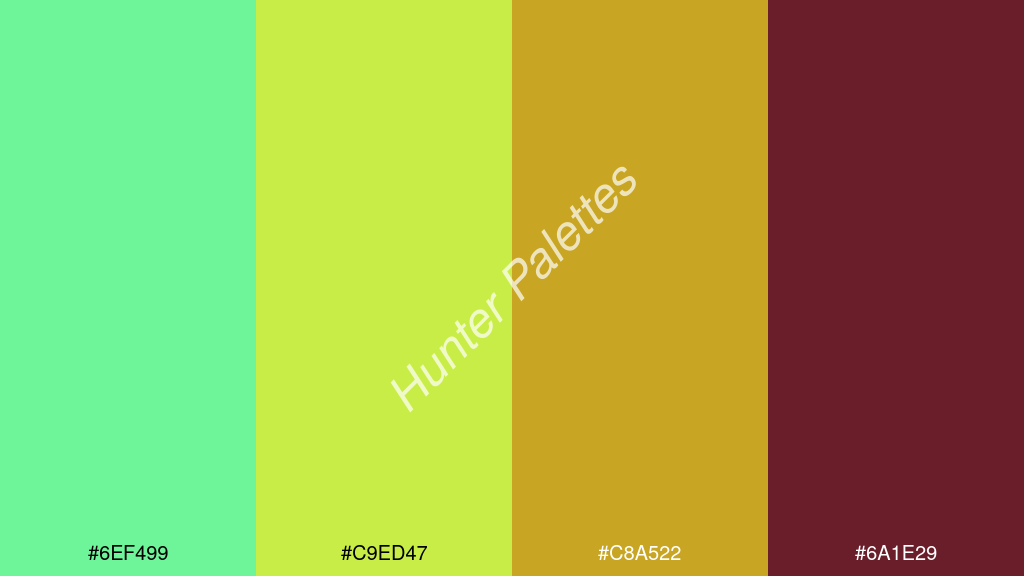 kanárisárga szín palettája a következőkkel: #6ef499 #c9ed47 #c8a522 #6a1e29