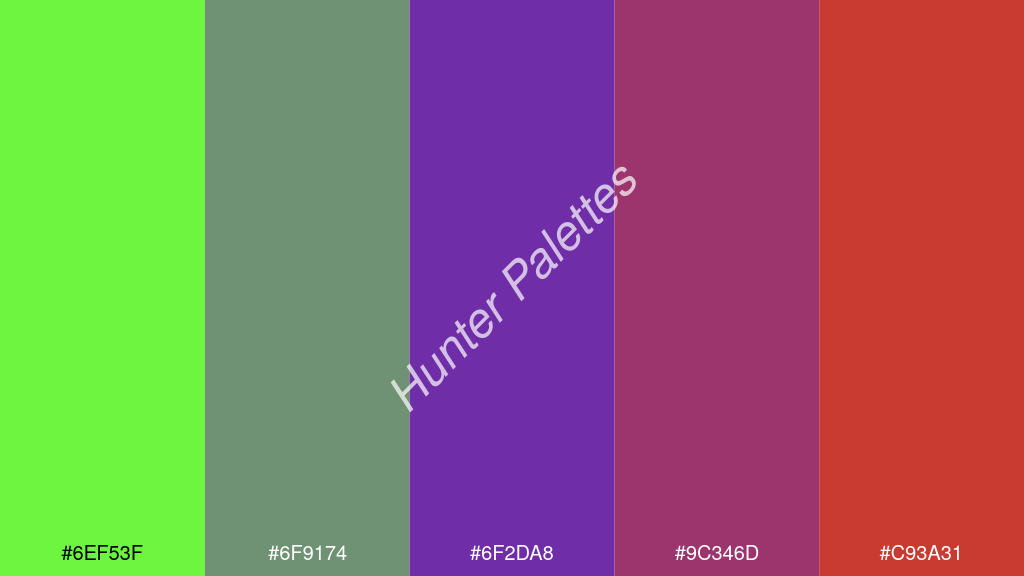 szőlő szín palettája a következőkkel: #6ef53f #6f9174 #6f2da8 #9c346d #c93a31