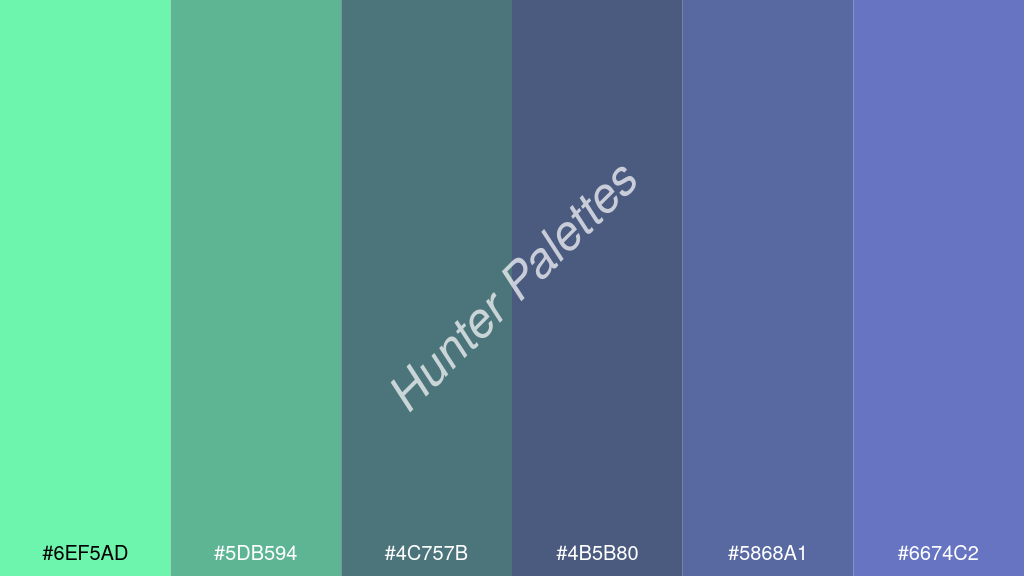 kékes szürke szín palettája a következőkkel: #6ef5ad #5db594 #4c757b #4b5b80 #5868a1 #6674c2