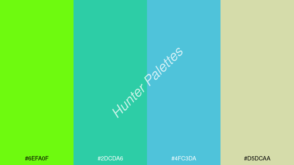 égszínkék szín palettája a következőkkel: #6efa0f #2dcda6 #4fc3da #d5dcaa