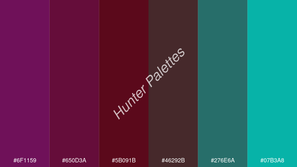 bor szín palettája a következőkkel: #6f1159 #650d3a #5b091b #46292b #276e6a #07b3a8