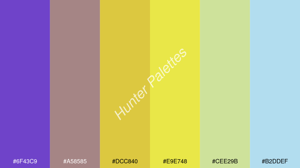 kanárisárga szín palettája a következőkkel: #6f43c9 #a58585 #dcc840 #e9e748 #cee29b #b2ddef