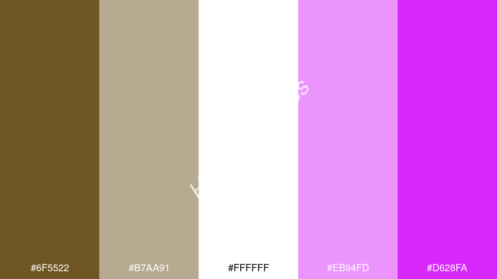 fehér szín palettája a következőkkel: #6f5522 #b7aa91 #ffffff #eb94fd #d628fa