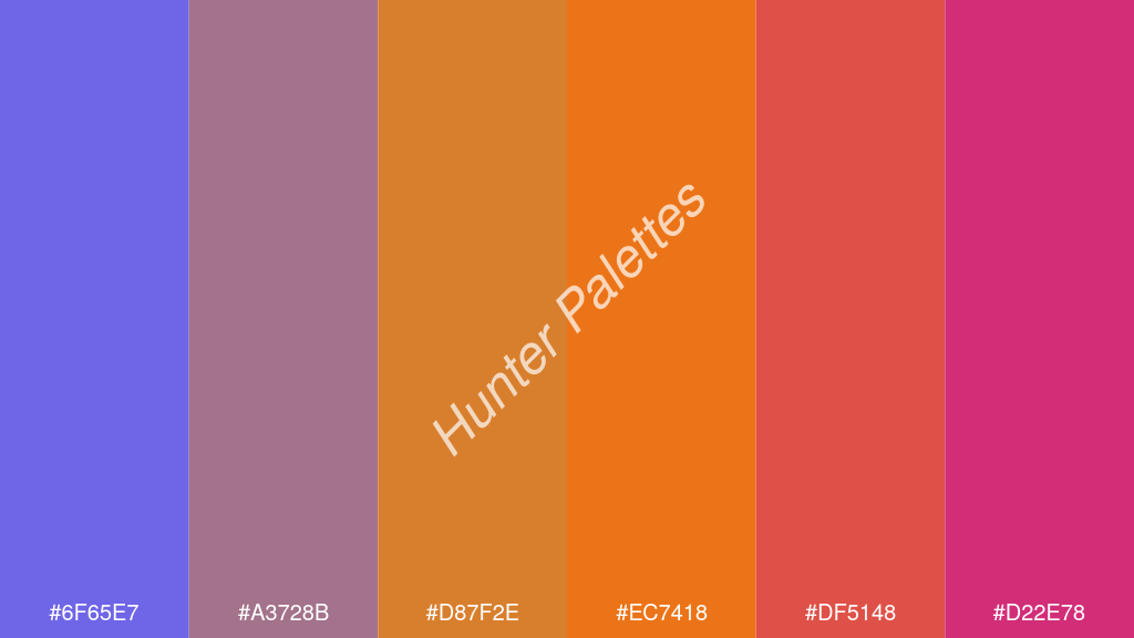 mandarin szín palettája a következőkkel: #6f65e7 #a3728b #d87f2e #ec7418 #df5148 #d22e78