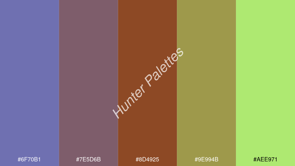 barna szín palettája a következőkkel: #6f70b1 #7e5d6b #8d4925 #9e994b #aee971