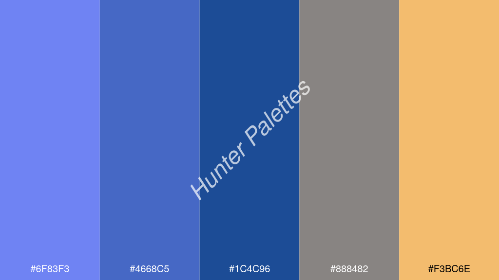 indigókék szín palettája a következőkkel: #6f83f3 #4668c5 #1c4c96 #888482 #f3bc6e