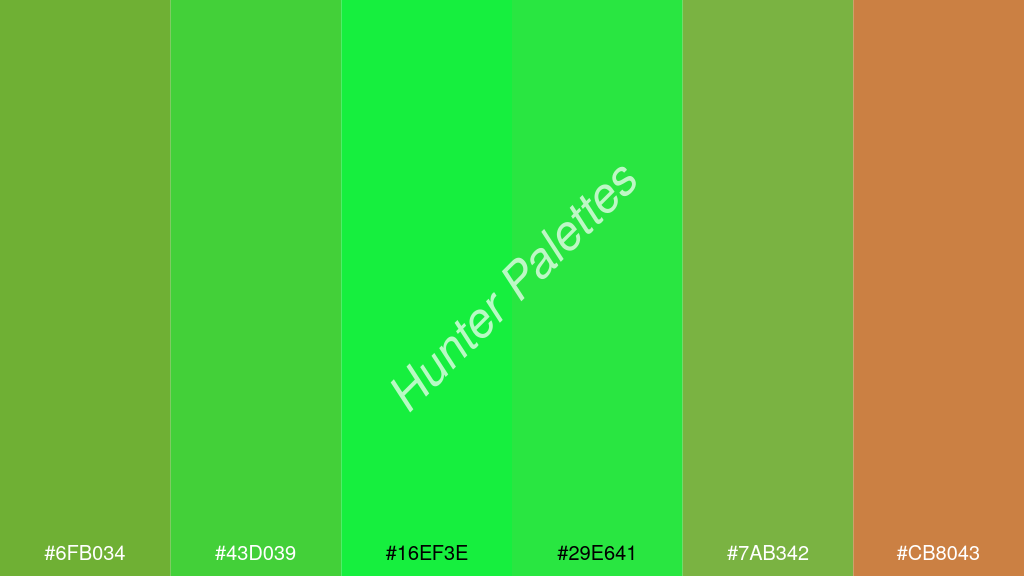 fluoreszkáló zöld szín palettája a következőkkel: #6fb034 #43d039 #16ef3e #29e641 #7ab342 #cb8043