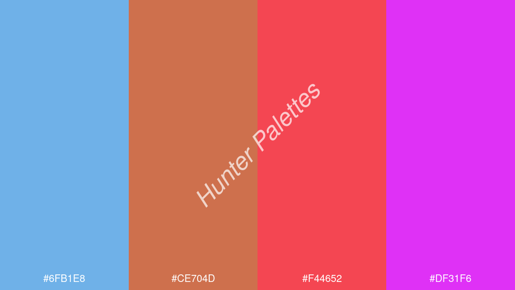 Pantone narancs szín palettája a következőkkel: #6fb1e8 #ce704d #f44652 #df31f6