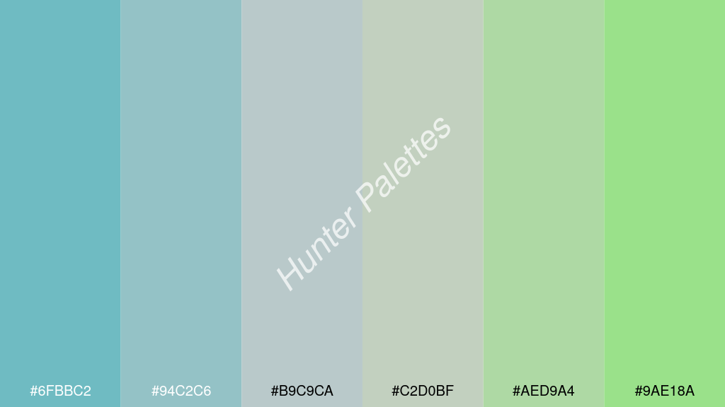cccccc szín palettája a következőkkel: #6fbbc2 #94c2c6 #b9c9ca #c2d0bf #aed9a4 #9ae18a