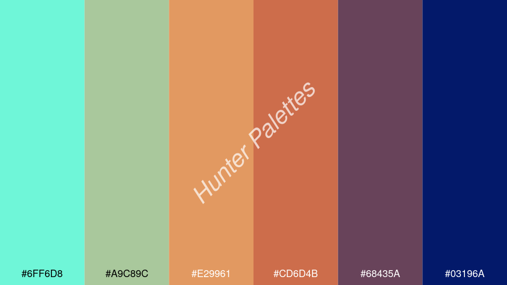 mangó szín palettája a következőkkel: #6ff6d8 #a9c89c #e29961 #cd6d4b #68435a #03196a