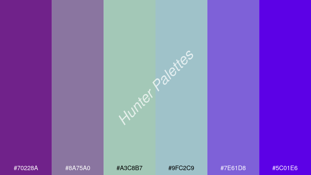 pasztellzöld szín palettája a következőkkel: #70228a #8a75a0 #a3c8b7 #9fc2c9 #7e61d8 #5c01e6