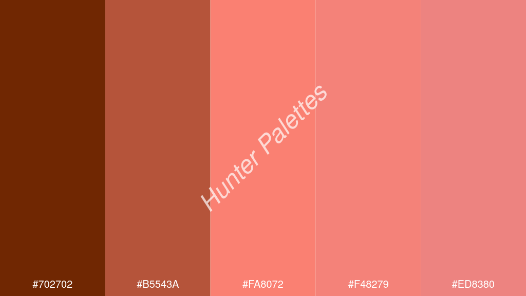 lazac szín palettája a következőkkel: #702702 #b5543a #fa8072 #f48279 #ed8380