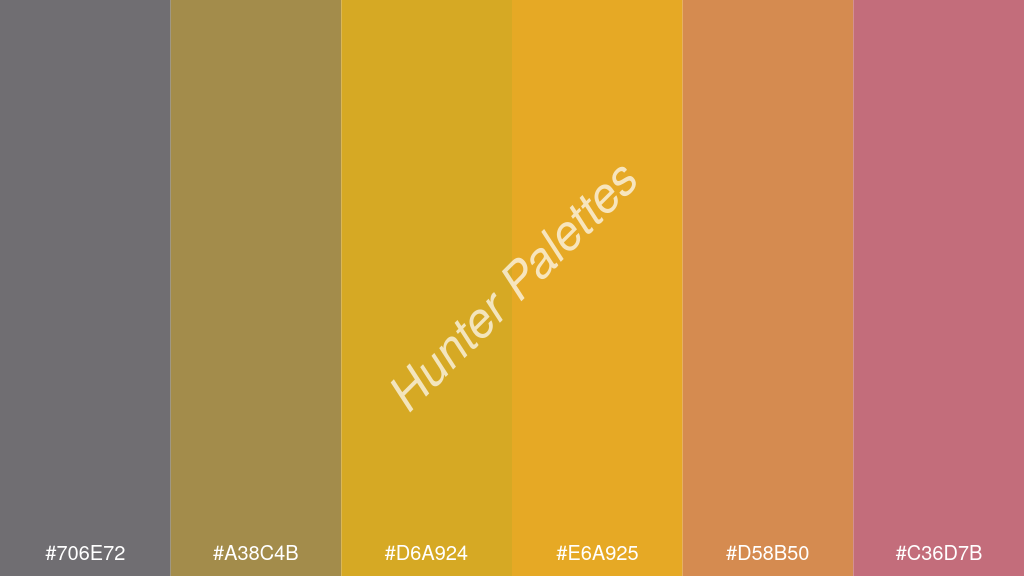 arany szín palettája a következőkkel: #706e72 #a38c4b #d6a924 #e6a925 #d58b50 #c36d7b