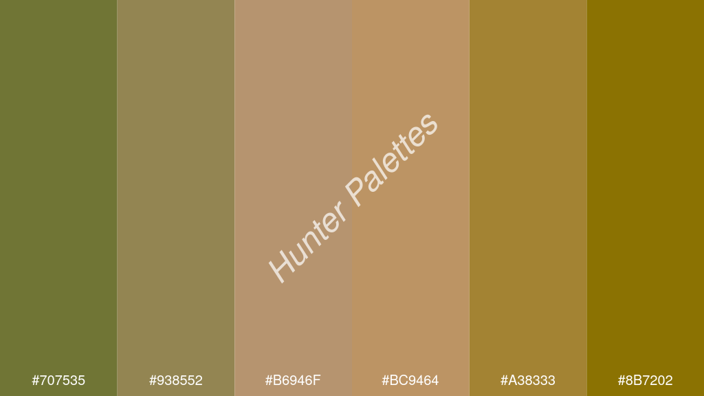terracotta szín palettája a következőkkel: #707535 #938552 #b6946f #bc9464 #a38333 #8b7202