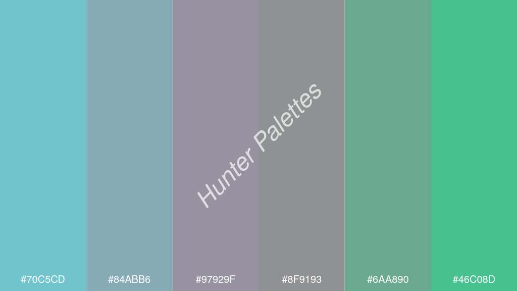 pasztell lila szín palettája a következőkkel: #70c5cd #84abb6 #97929f #8f9193 #6aa890 #46c08d