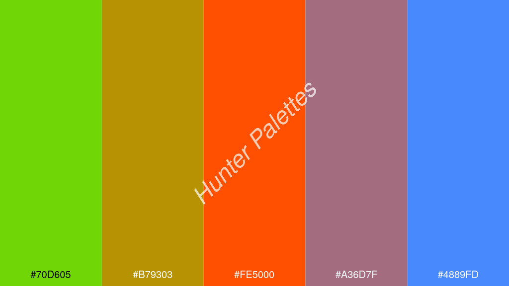 Pantone narancs szín palettája a következőkkel: #70d605 #b79303 #fe5000 #a36d7f #4889fd