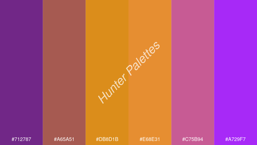 mustársárga szín palettája a következőkkel: #712787 #a65a51 #db8d1b #e68e31 #c75b94 #a729f7