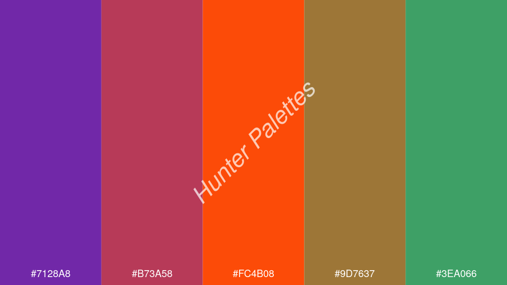 fluoreszkáló narancs szín palettája a következőkkel: #7128a8 #b73a58 #fc4b08 #9d7637 #3ea066