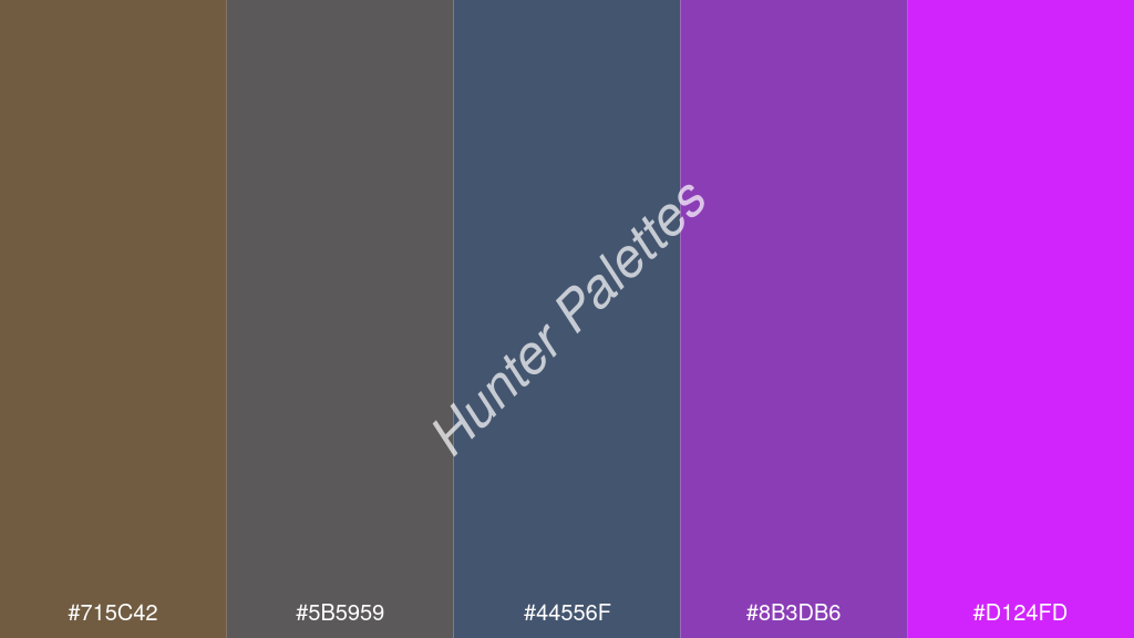 kékes szürke szín palettája a következőkkel: #715c42 #5b5959 #44556f #8b3db6 #d124fd