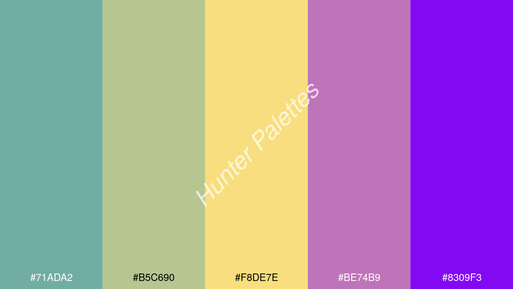 jázmin szín palettája a következőkkel: #71ada2 #b5c690 #f8de7e #be74b9 #8309f3