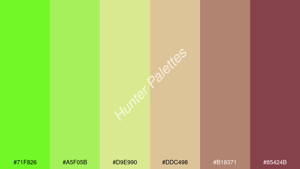 vanília szín palettája a következőkkel: #71f826 #a5f05b #d9e990 #ddc498 #b18371 #85424b