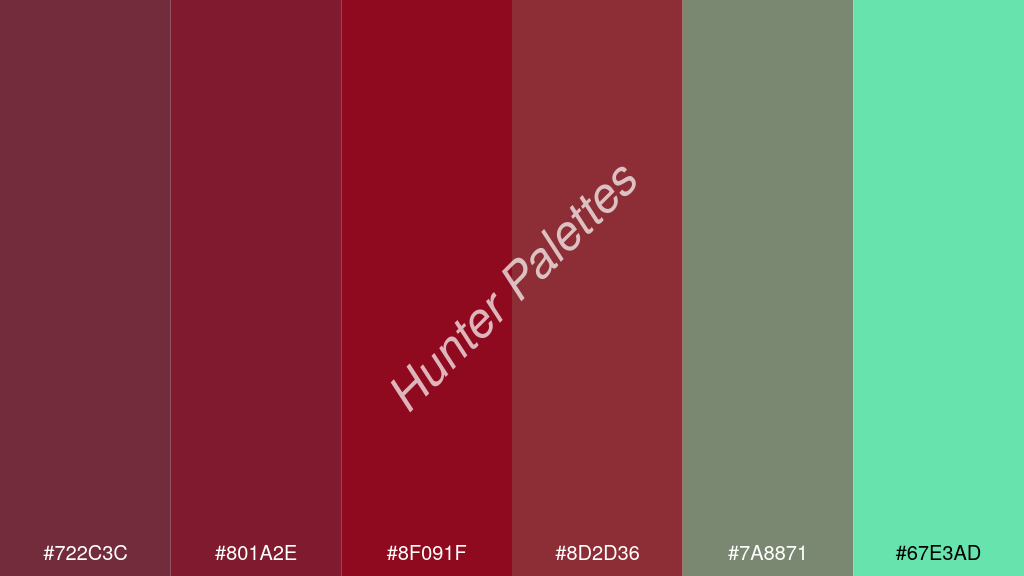 karmazsin szín palettája a következőkkel: #722c3c #801a2e #8f091f #8d2d36 #7a8871 #67e3ad