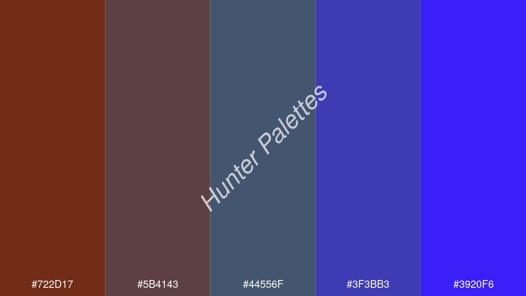 kékes szürke szín palettája a következőkkel: #722d17 #5b4143 #44556f #3f3bb3 #3920f6