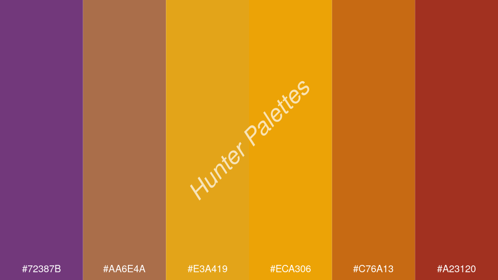 borostyán szín palettája a következőkkel: #72387b #aa6e4a #e3a419 #eca306 #c76a13 #a23120