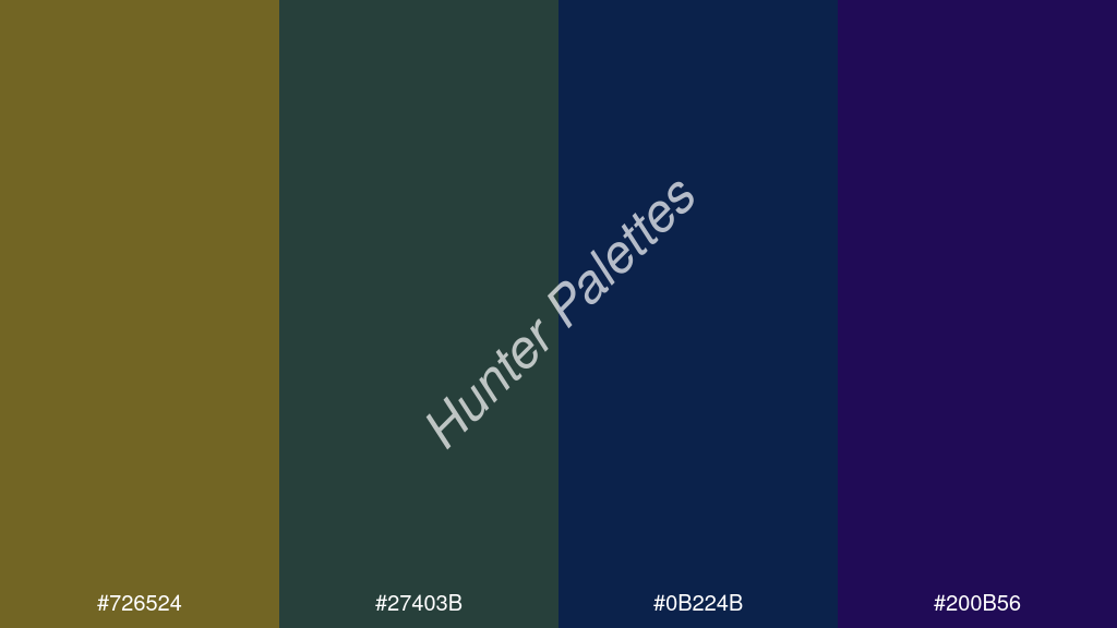 pávakék szín palettája a következőkkel: #726524 #27403b #0b224b #200b56