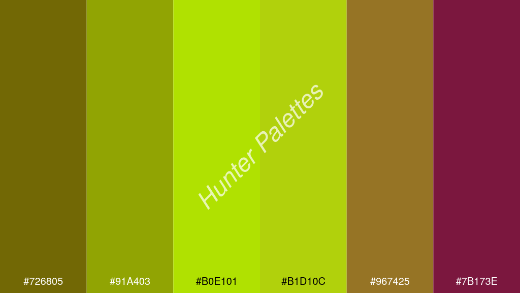 limezöld szín palettája a következőkkel: #726805 #91a403 #b0e101 #b1d10c #967425 #7b173e