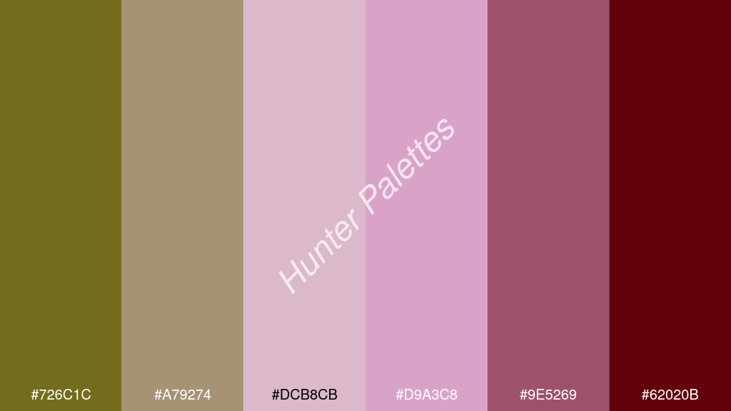 világos rózsaszín szín palettája a következőkkel: #726c1c #a79274 #dcb8cb #d9a3c8 #9e5269 #62020b
