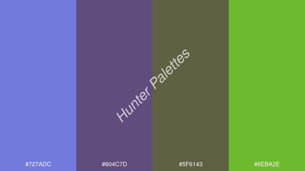 szilva szín palettája a következőkkel: #727adc #604c7d #5f6143 #6eba2e
