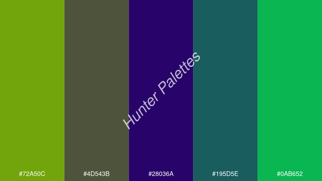 Francia kék szín palettája a következőkkel: #72a50c #4d543b #28036a #195d5e #0ab652